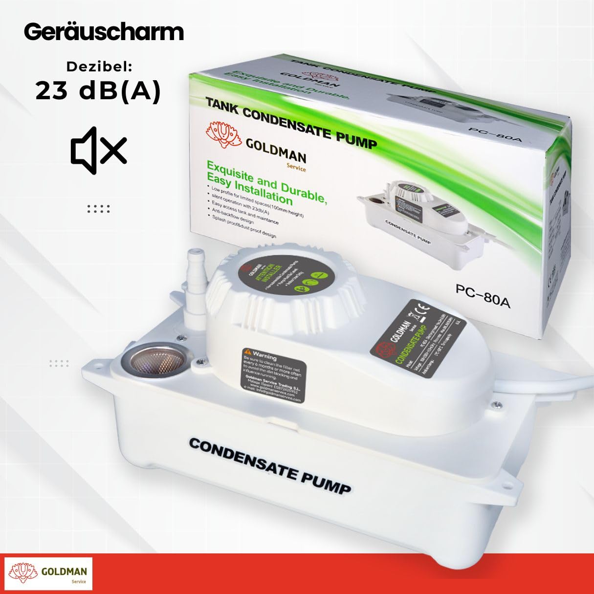 GOLDMAN SERVICE Automatische Kondensatpumpe für Klimaanlage, leise, Wasserablauf und Abfluss, Durchfluss 80 Liter/Stunde
