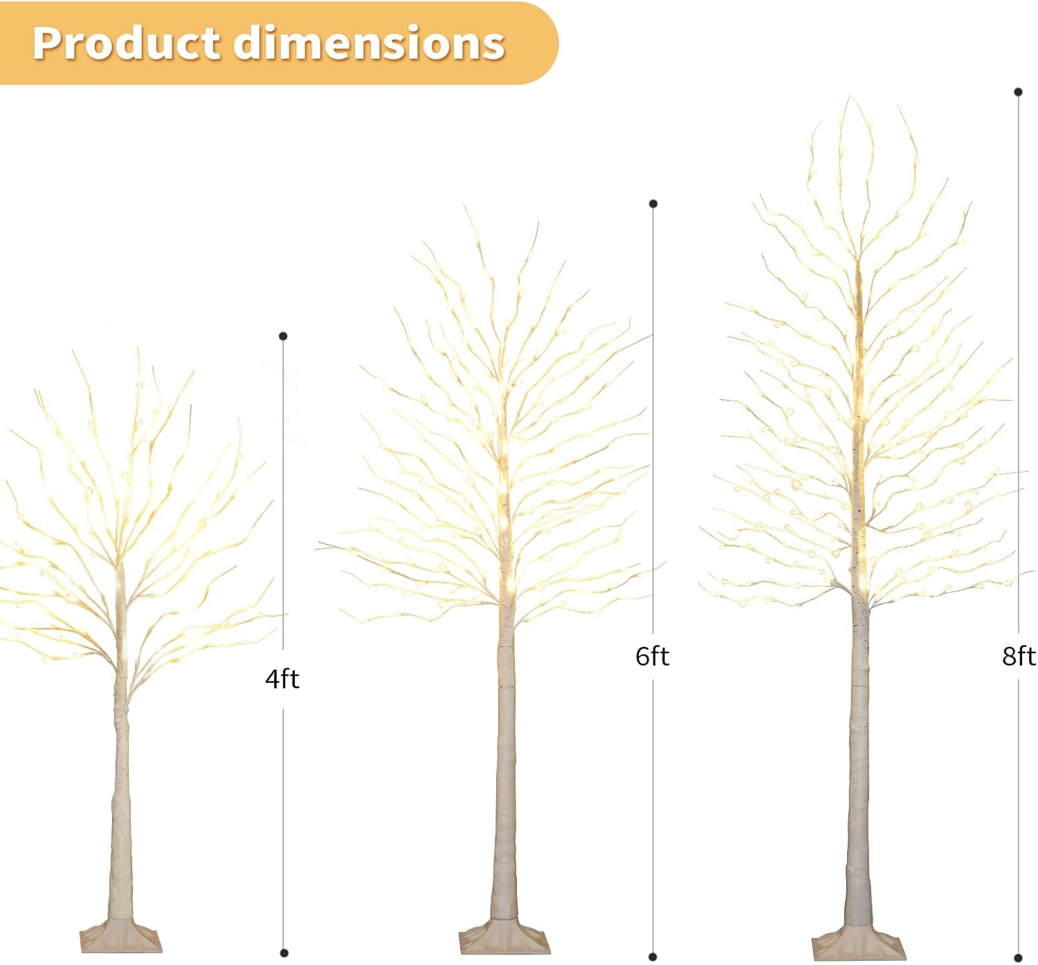 Birch Tree with LED Lights 4+6+8FT, 3PK Artificial Christmas Trees Prelit with 8 Lighting Modes and Timer, Lit Twinkling Twig Tree Warm White for Xmas Home Outdoor Indoor Decoration