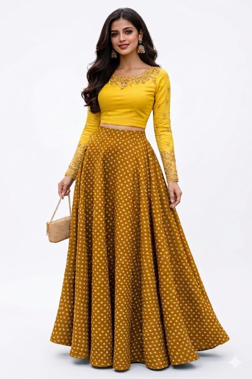 Shriliya 8 metre Flair Ghera Full Umbrella Skirt Cotton Blend Light Mustard Yellow Polka dor foil new Lehenga Long partyware Girls & Women for Blouse Top Kurti Indowestern Swad Shirt Fancy Bras-picture-24