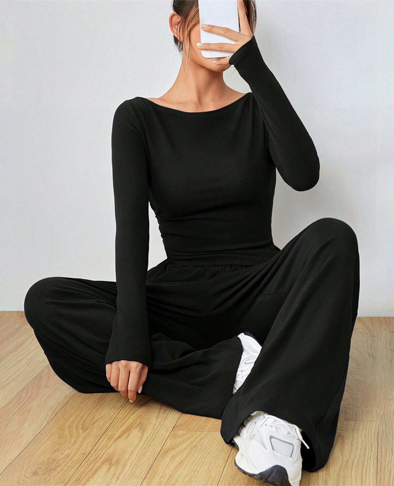 Conjunto Deportivo Mujer Invierno Chándales Chandal Mujer Completo Casual Completo Manga Larga 2 Piezas Suave Top Manga Larga Pantalón Pata Ancha para Fitness Jogging