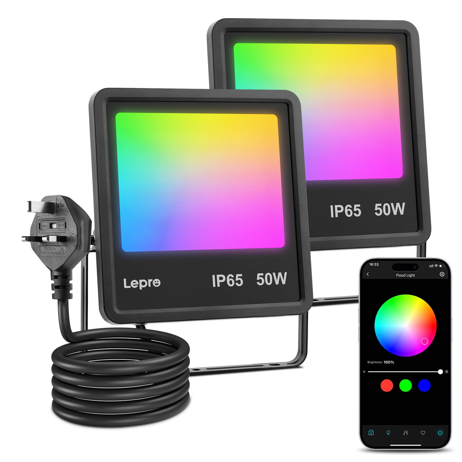 Lepro Led Flood Light Outdoor 50w, 2pack Colour Changing Floodlight App Control, 16M Colors DIY LightGPM AI Mode, Music Sync, Voice Control with Alexa&Google, Timer, IP65 Waterproof for Outdoor Garden
