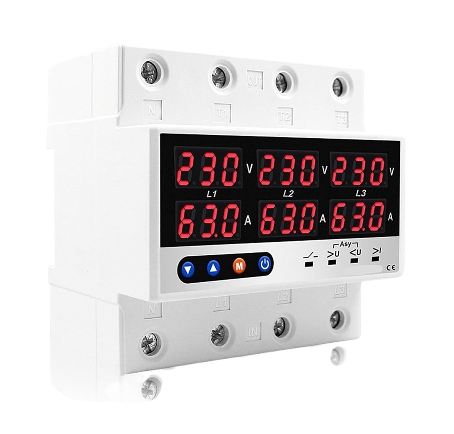 Three Phase Voltage Current Relay Protector 100A 63A 60A 220V 3P Adjustable Over Under Voltage Current Limiter(63A with N 3X230V)