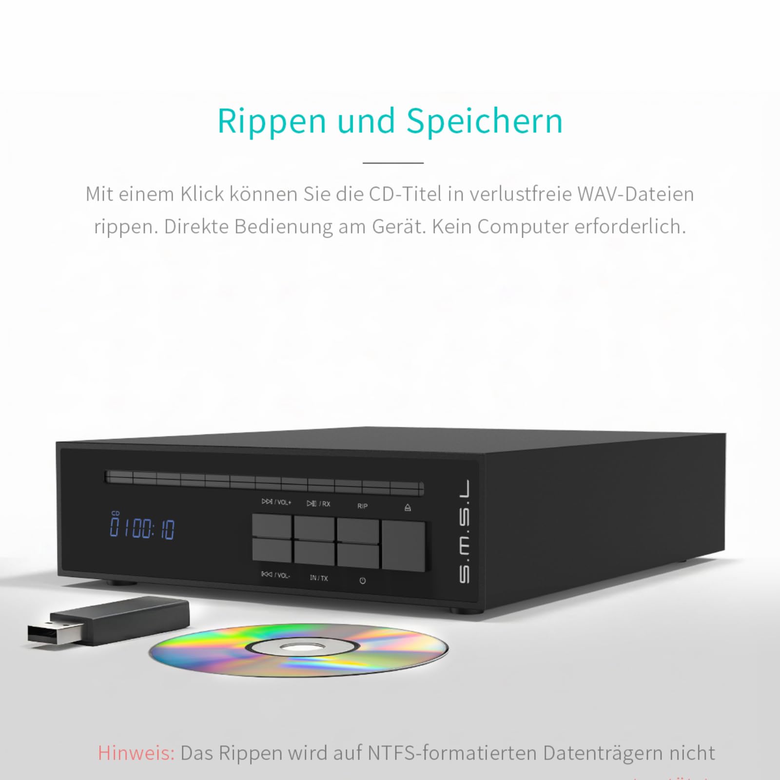 SMSL PL20 HiFi CD-Spieler für Zuhause, CD-Ripper, Bluetooth-Autoradio-CD-Player, 2×CS43131-Chip, USB-Stick/Bluetooth-Eingang, RCA/BT/3,5mm/4,4mm Symmetrisch/Optisch/Koaxial Digitaler Ausgang (Schwarz)
