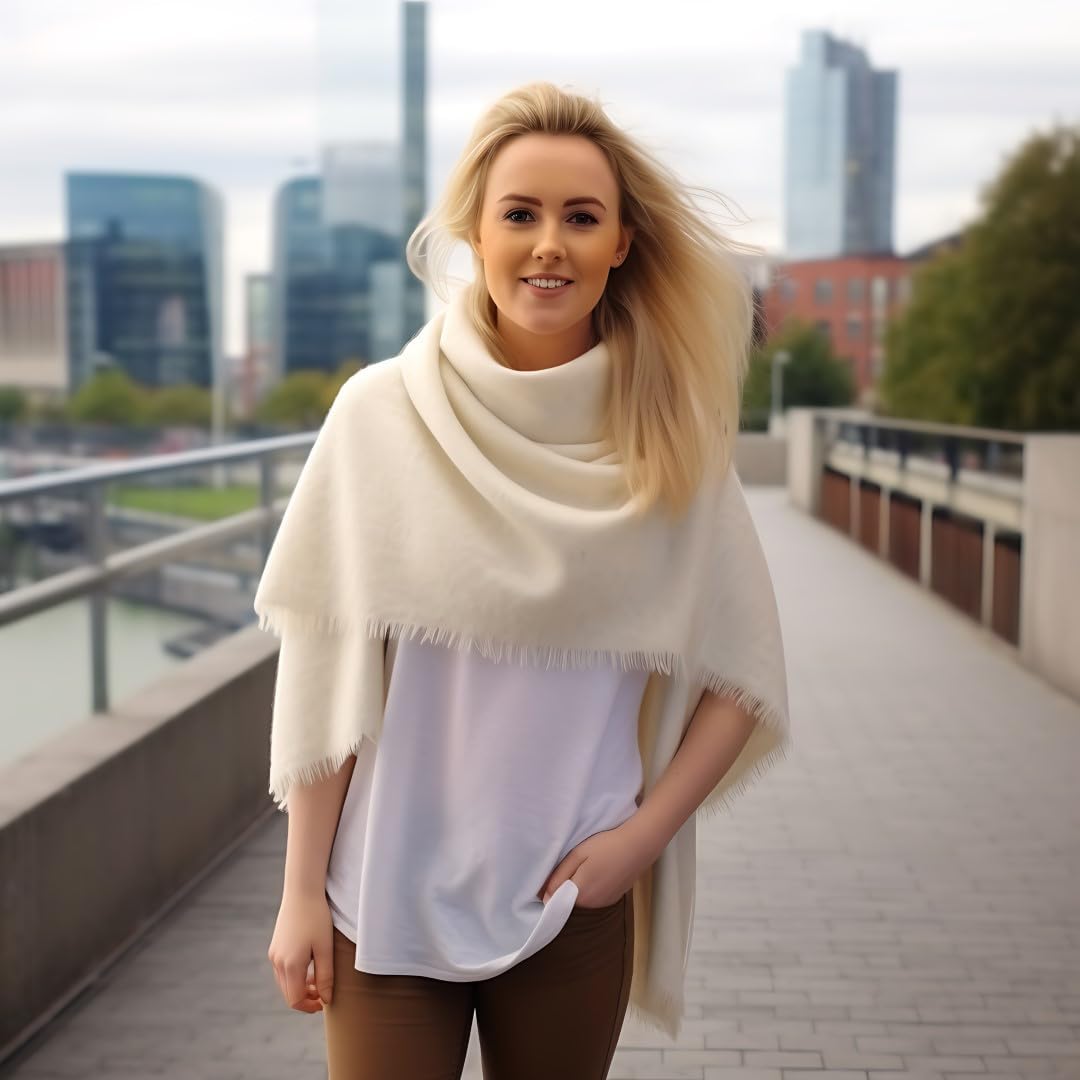 Biddy Murphy Irish Warm & Soft Lambswool Pashmina Shawl & Wrap for Women, Solid Cream Off White
