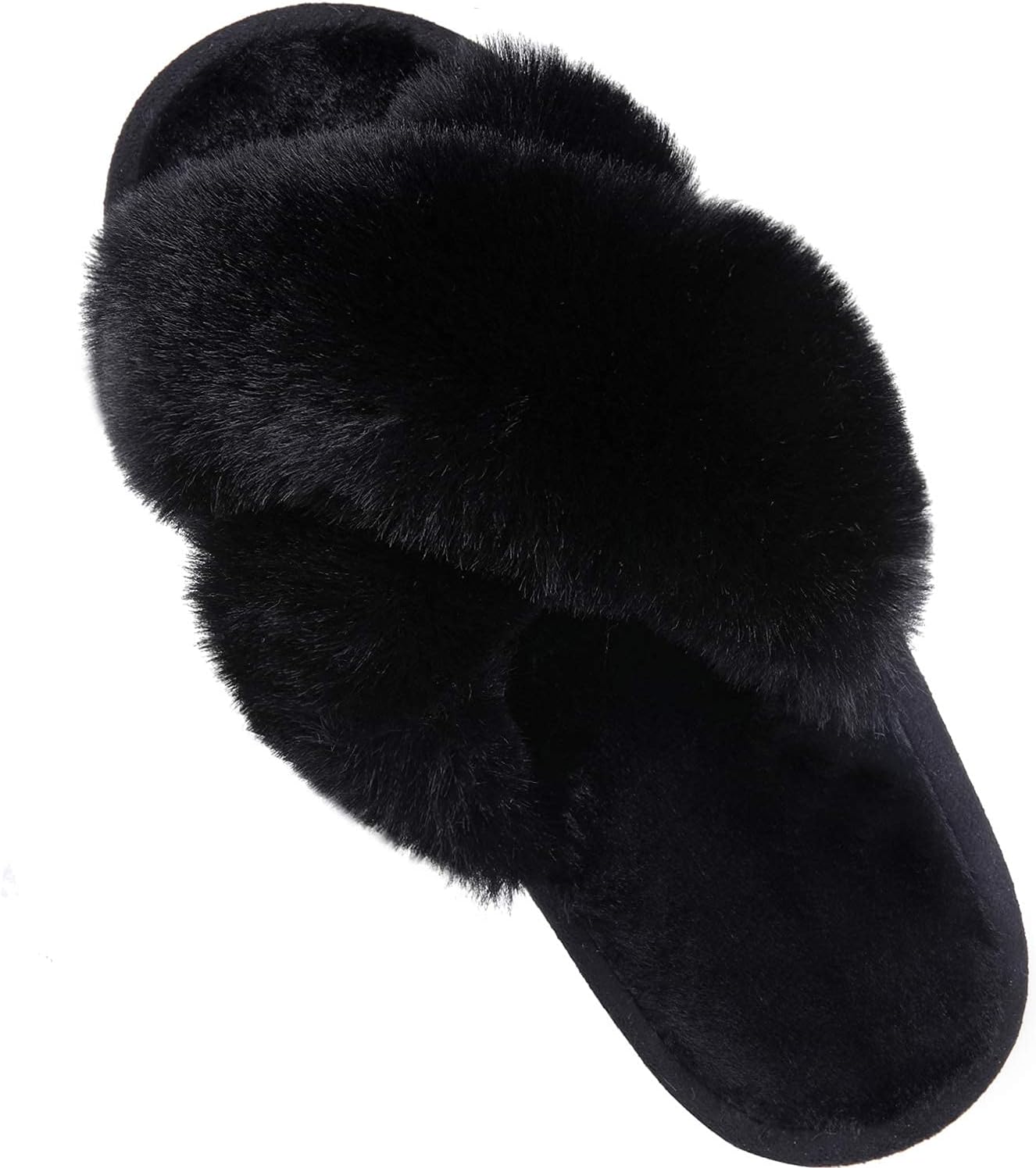 Women's Cross Band Fuzzy Slippers Fluffy Open Toe House Slippers Cozy Plush Bedroom Shoes Indoor Outdoor, Black Size 5.5-6.5
