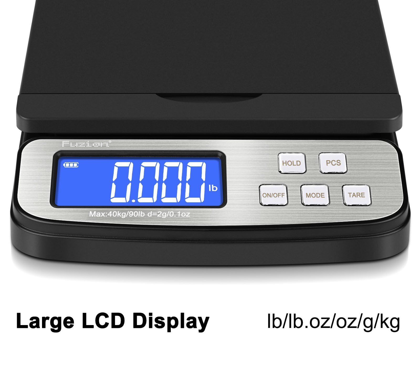 Fuzion Báscula de envío, báscula postal digital precisa de 88 libras/1 onza con función de retención y tara, báscula de envío para paquetes y correo, pantalla LCD, batería