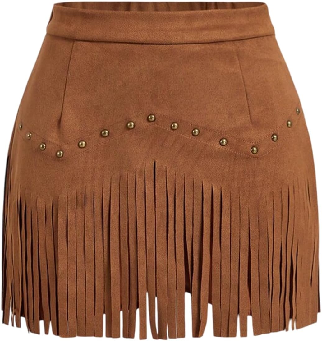Western Skirts for Women Fringe Mini Faux Suede Cowgirl Skirt for Country Concert Rodeo Outfit Rave Festival