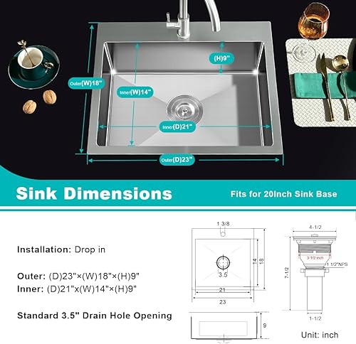 Miniatura 88 de Fregadero de cocina pequeño de acero inoxidable con caída de 20 pulgadas, níquel cepillado, 20 pulgadas de profundidad x 16 pulgadas de ancho x 9