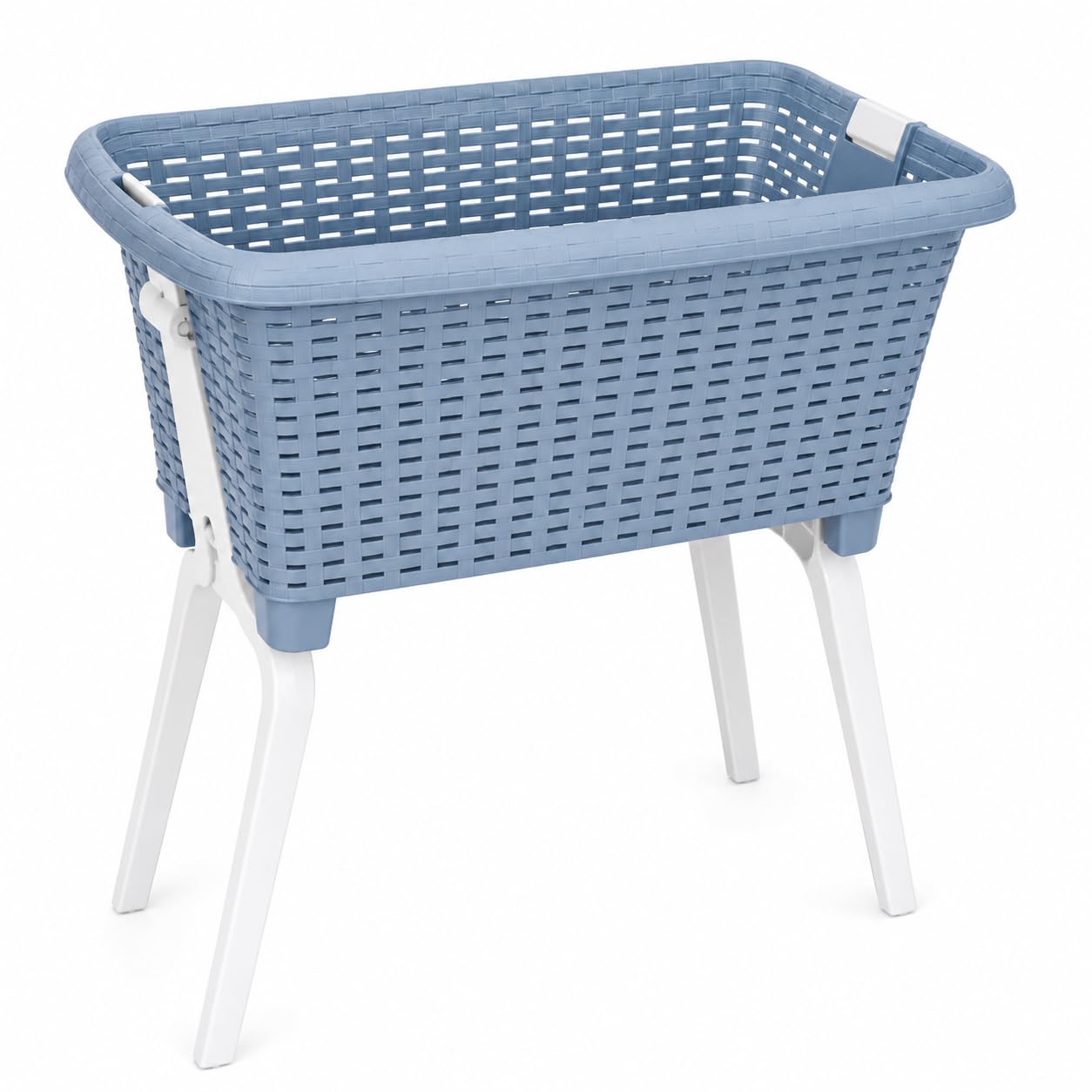 Plastic Rattan Laundry Basket with Folding Legs - Large Washing Basket for Clothes, Durable Woven Design, Easy to Carry & Store (Blue)