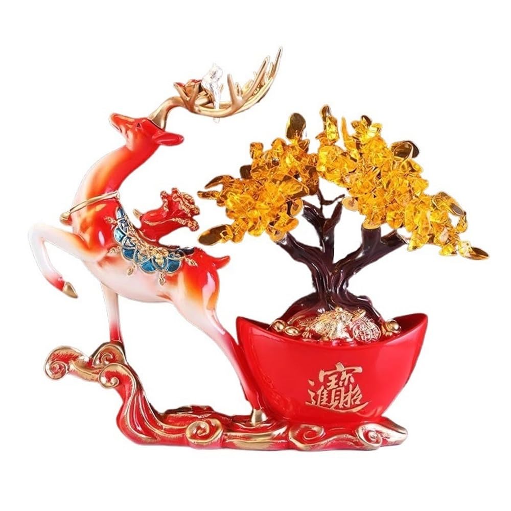 Home Decor Gemstone Fortune Tree, Attracting Wealth Deer Ornaments, Home Feng Shui Decoration Bonsai(Red)