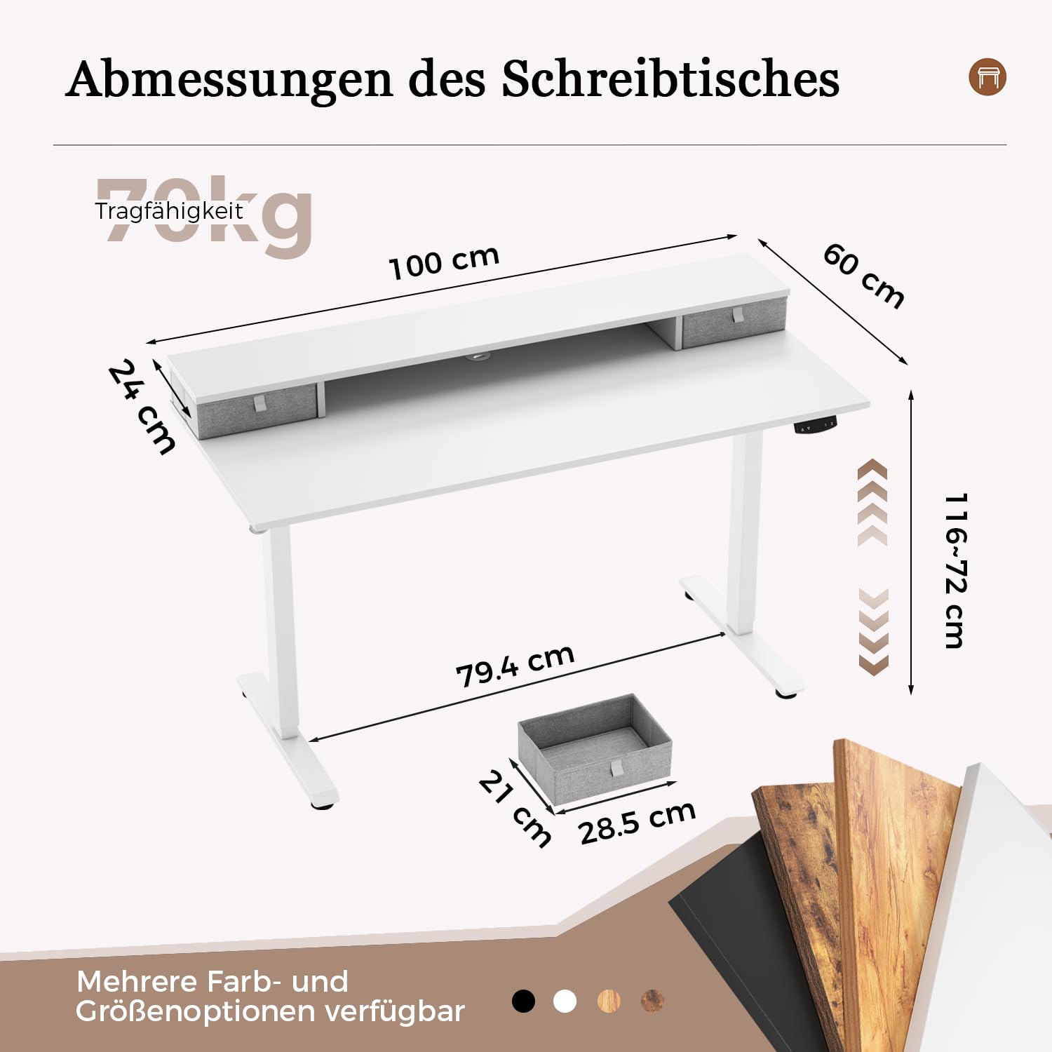 Klicelor Höhenverstellbarer Schreibtisch mit Doppelschubladen, Elektrisch Höhenverstellbarer Schreibtisch, Sitz-Steh-Computertisch, Ergonomischer Stehschreibtisch, 100 x 60 cm, Weiß