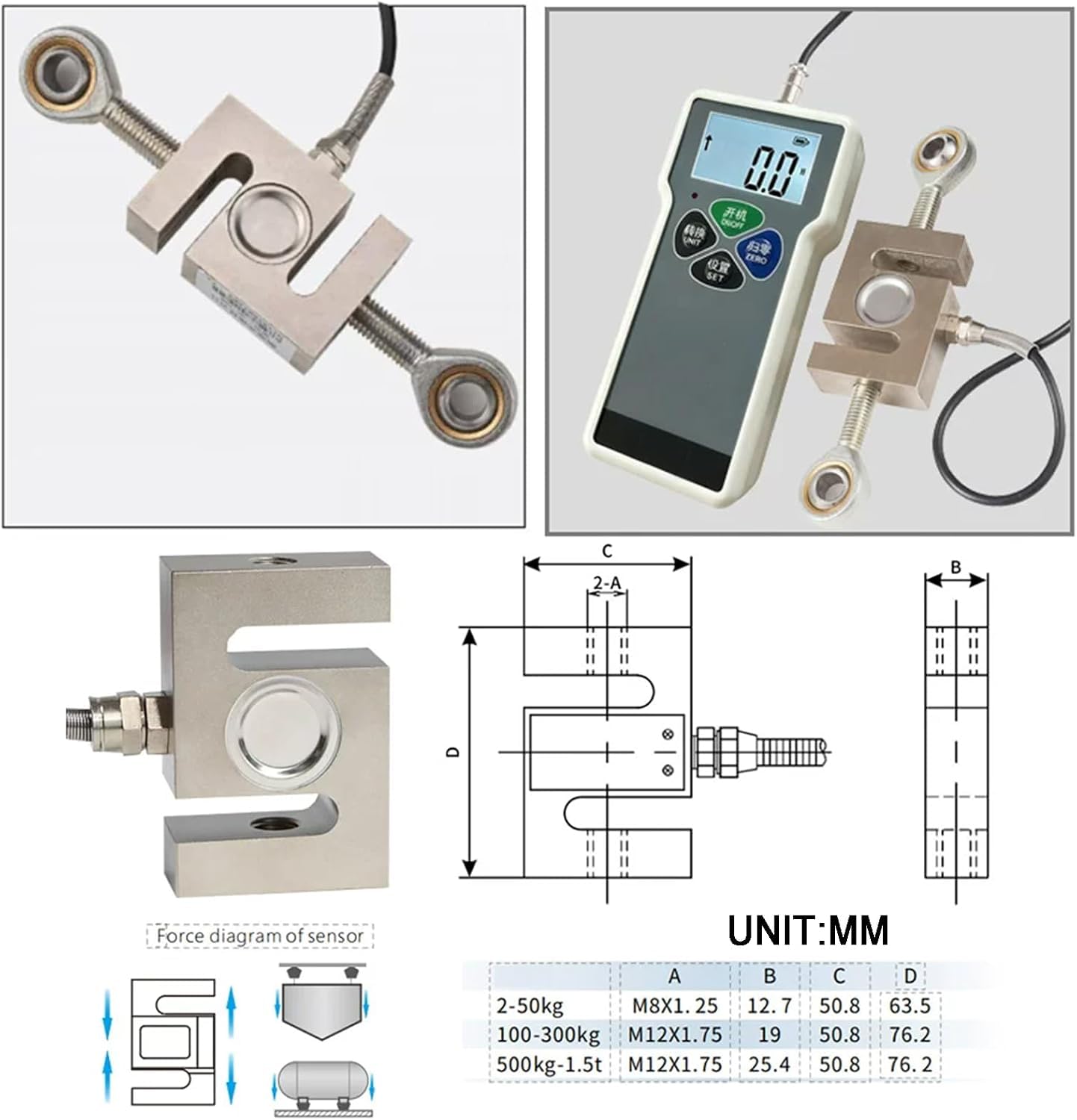 Medidor digital de fuerza de tracción y empuje con celda de carga externa tipo S, retención de pico, conmutación N/kgf/lbf/oz, probador de tensión y compresión para uso industrial. (1000N)