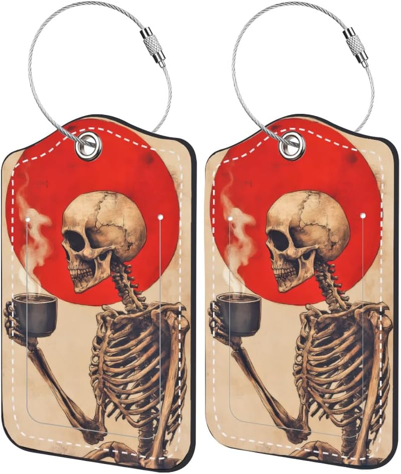 2 Pack Luggage Tags for Suitcases Gothic Skeleton Coffee Design for Trips