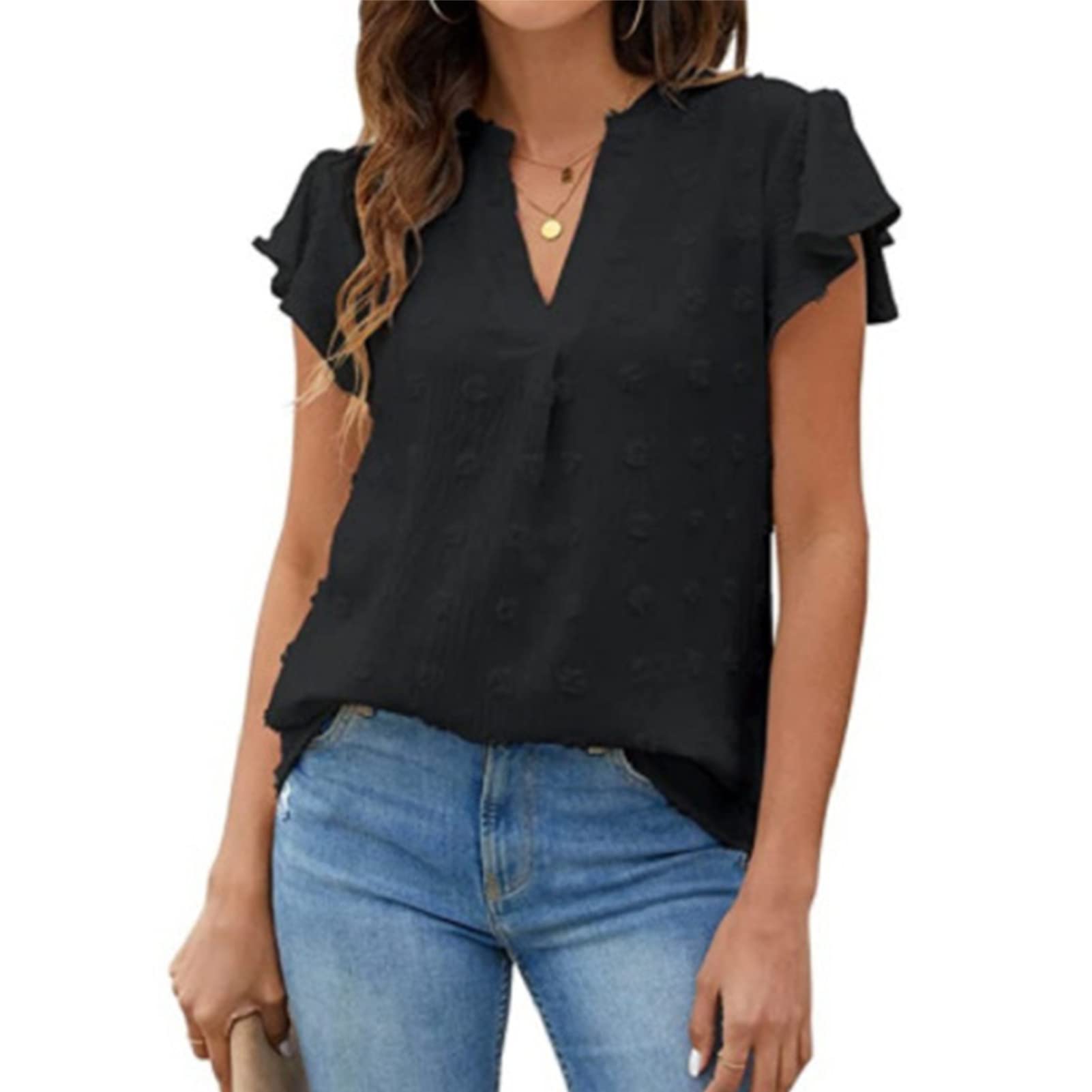Estink Camisetas Manga Corta Mujer, Blusas Mujer Verano con Cuello en V y Lunares Suizos, Blusas Elegantes de Color Sólido Mangas con Volantes, Sueltas, Transpirables(S-Negro)