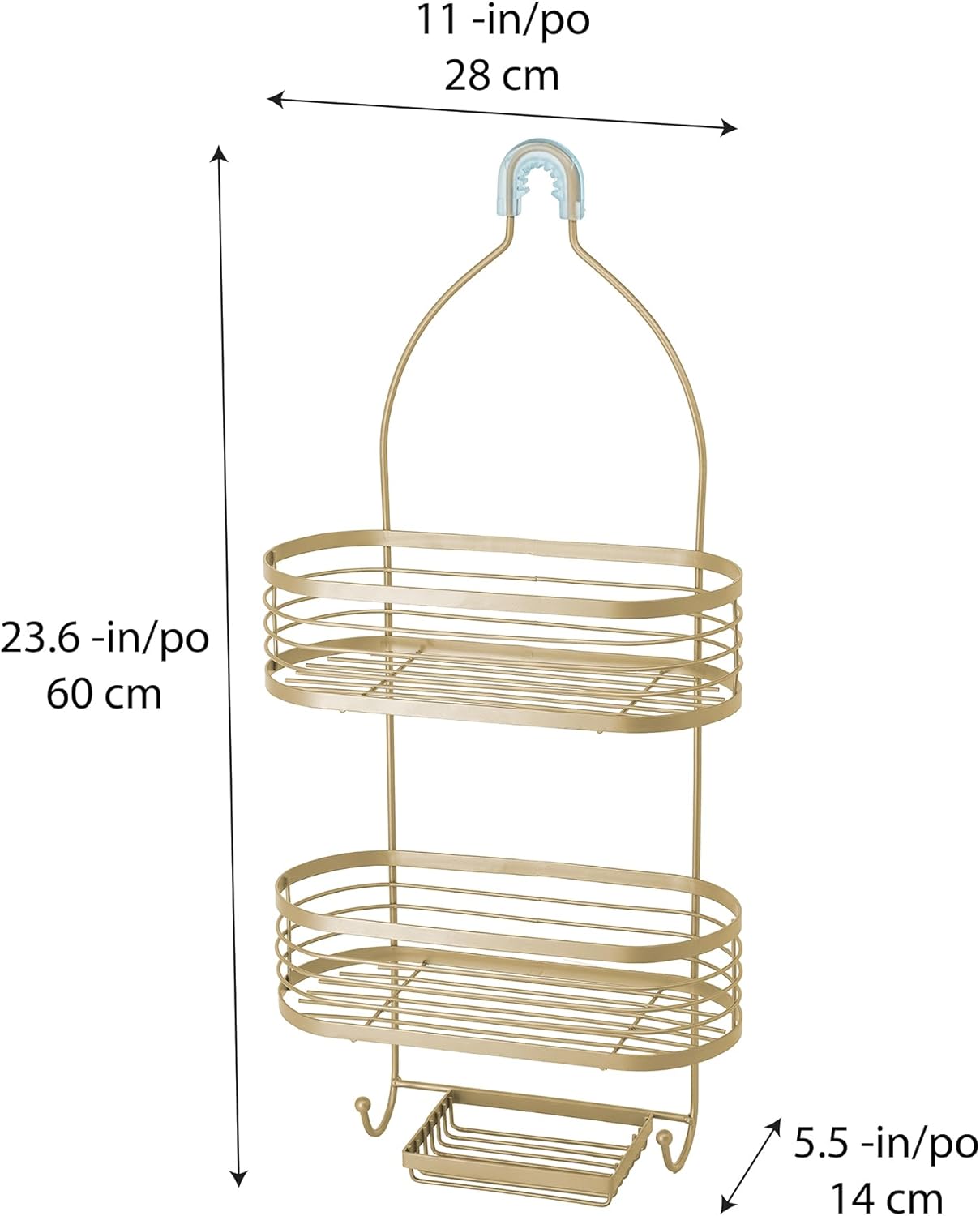 ACENTO 3-Tier Hanging Shower Caddy - Over the Shower Head Bathroom Organizer with Suction Cups & Hooks for Shampoo, Conditioner, and Soap - Gold