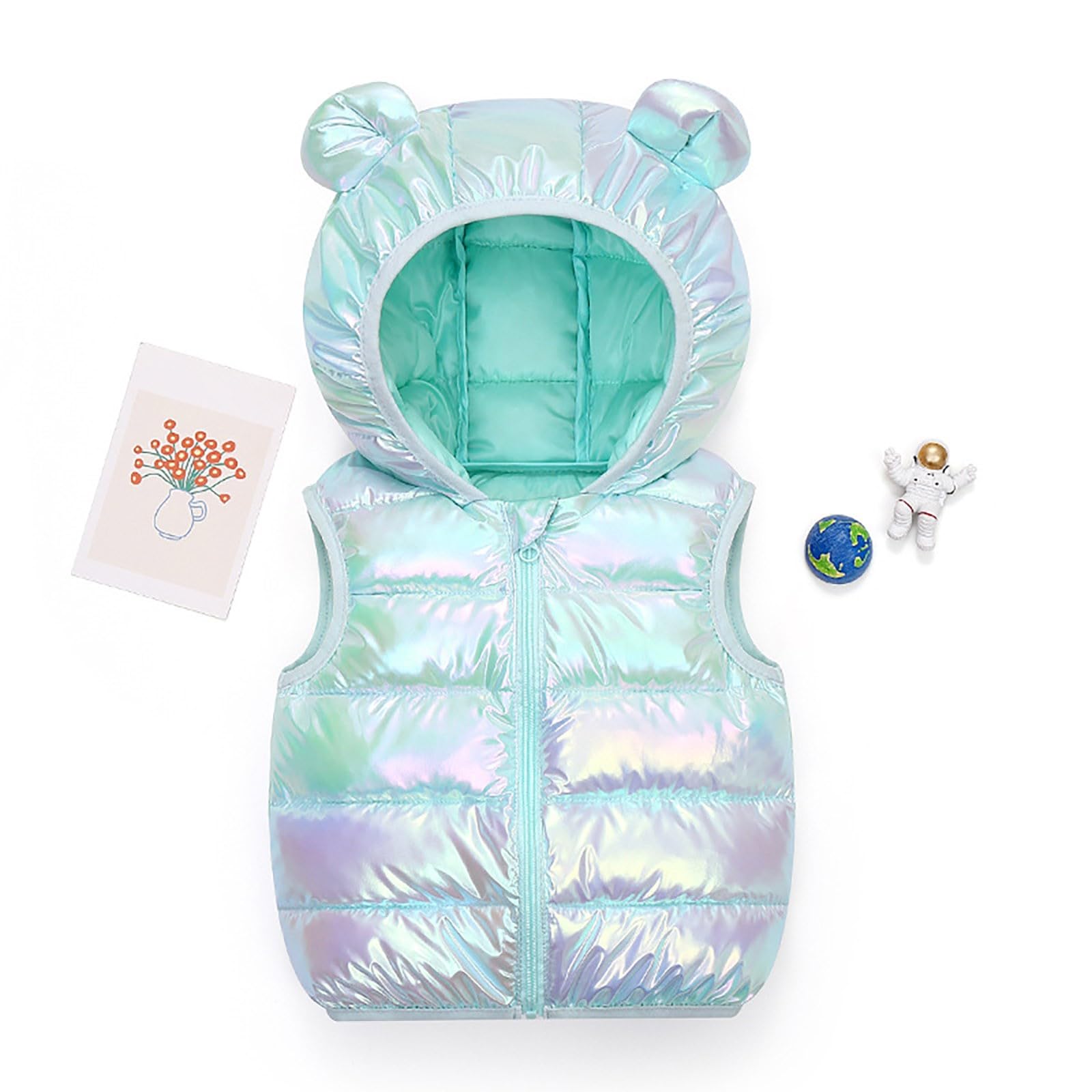 Bambino invernale bambina senza maniche flash esterno con orecchie d'orso, cappello con chiusura lampo, giubbotto estivo per ragazzi e bambini