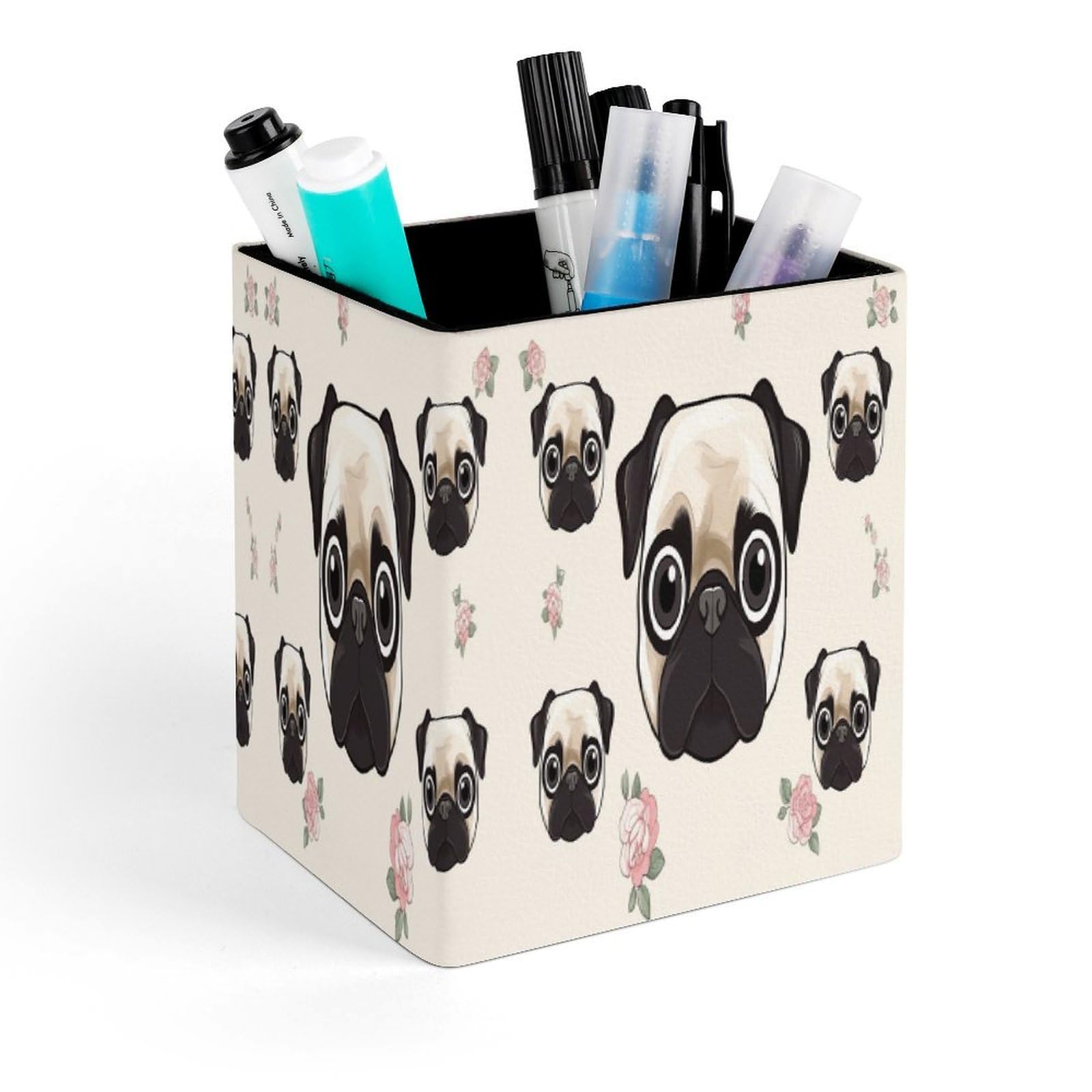 FekiLoot Line Pug Pencil Holder for Desk Square Leather Pen Holder Cup Desktop Organizer Multi-Functional Pencil Cup Holders Modern Decorative Desk Organizer Caddy Makeup Brush Holders
