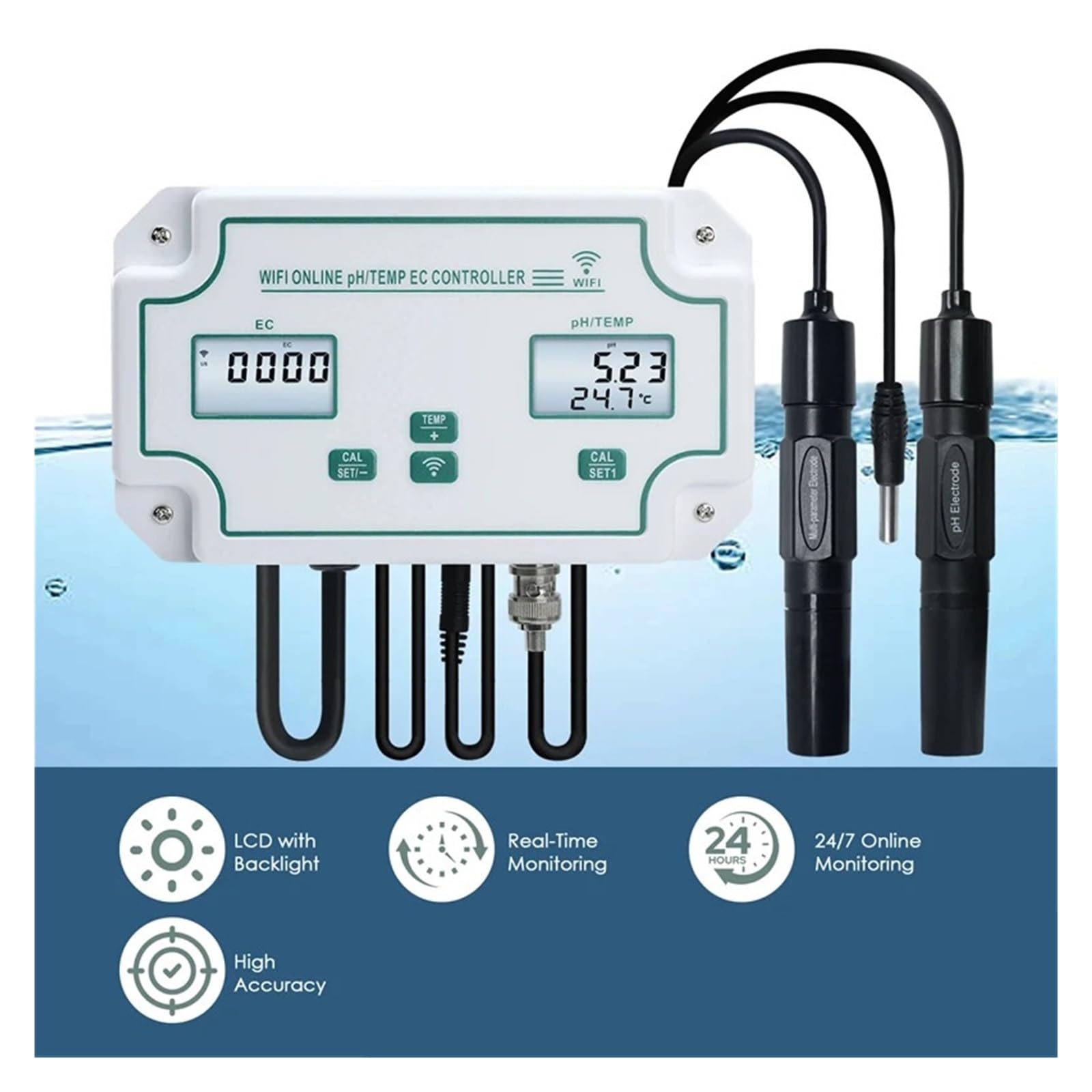 Tester wody, Wifi 3-w-1 kontroler PH w akwarium EC Miernik temperatury System monitorowania wody Tester jakości