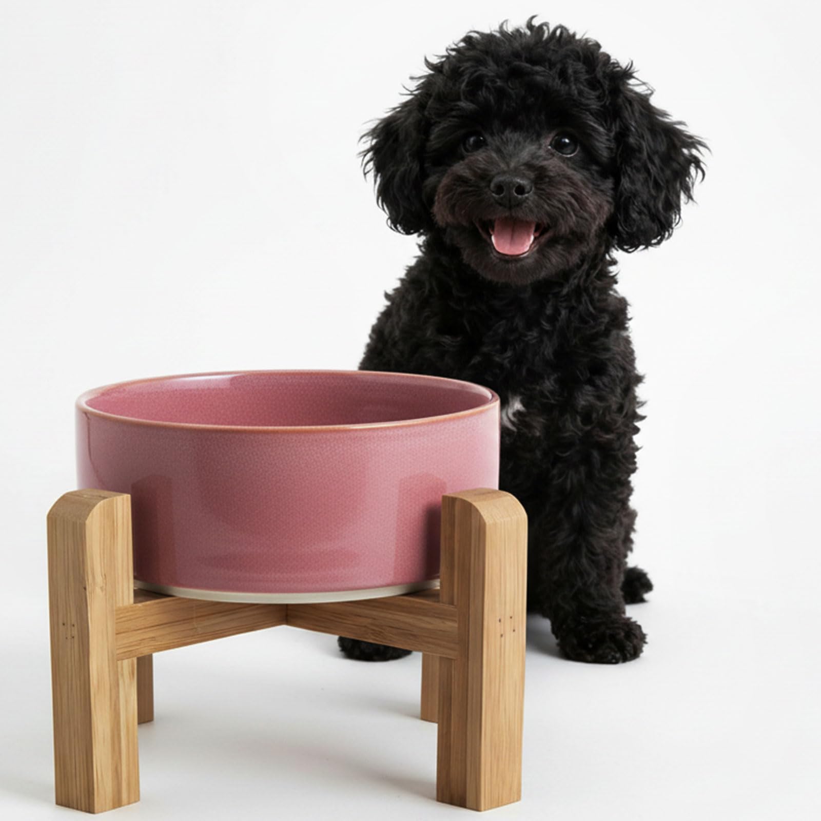 Gamelle surélevée en céramique rose foncé hjn avec support bambou pour chien et chat