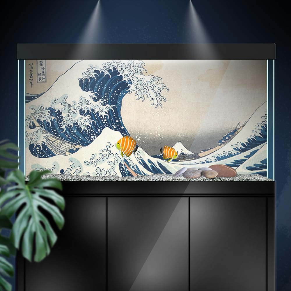 Autocollants de fond pour aquarium – Vagues Kanagawa du Japon – Poster décoratif pour aquarium Reptile Terrarium (100 x 50 cm)