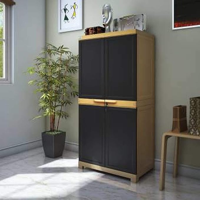 Nilkamal Freedom Mini Medium FMM Compact Plastic Cabinet for Storage|Space & Clothes Organizer|Shelves|Cupboard|Almari|Wardrobe|Living Room| for Home Kitchen & Office (Weather Brown & Biscuit)
