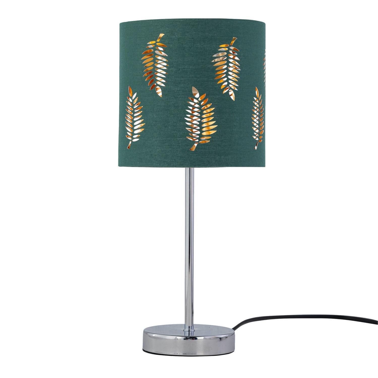 Firstchoicelighting Chrome & Green Polished Chrome Table Lamp Or Bedside Light, Modern Design, Dark Green Leaf Cut Out Shade, Height 35Cm, Led Compatible