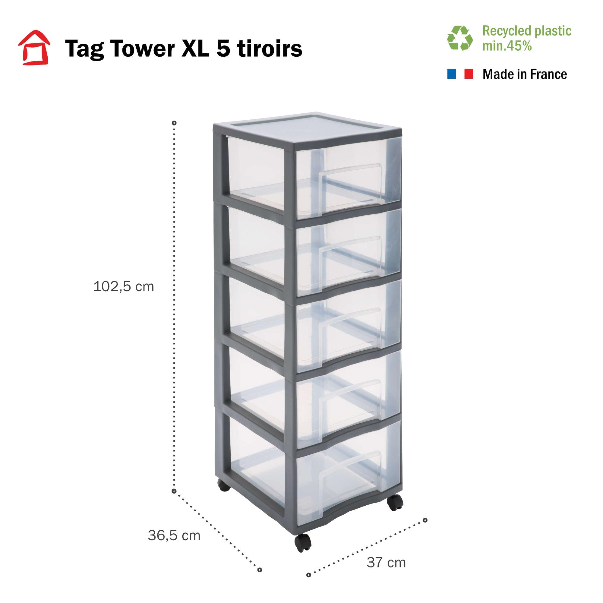 SUNDIS Tag Tower XL, tour de rangement plastique, 5 grands tiroirs, roues, Gris | Hauteur 102,5 cm, idéale rangement bureau, cours, documents, fournitures, accessoires