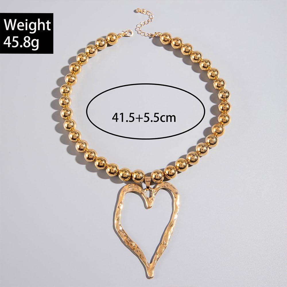 Chunky Gold Heart Pendant Necklace for Women Dainty Round Balls Beaded Hollow Love Shaped Choker Necklaces Y2k Big Link Chain Statement Jewelry Gifts - Image 3