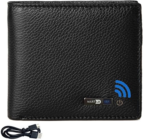 Billeteras antirpérdida, plegable, de piel auténtica, corta, suave, compatible con Bluetooth, para hombre, Negro -, Classic