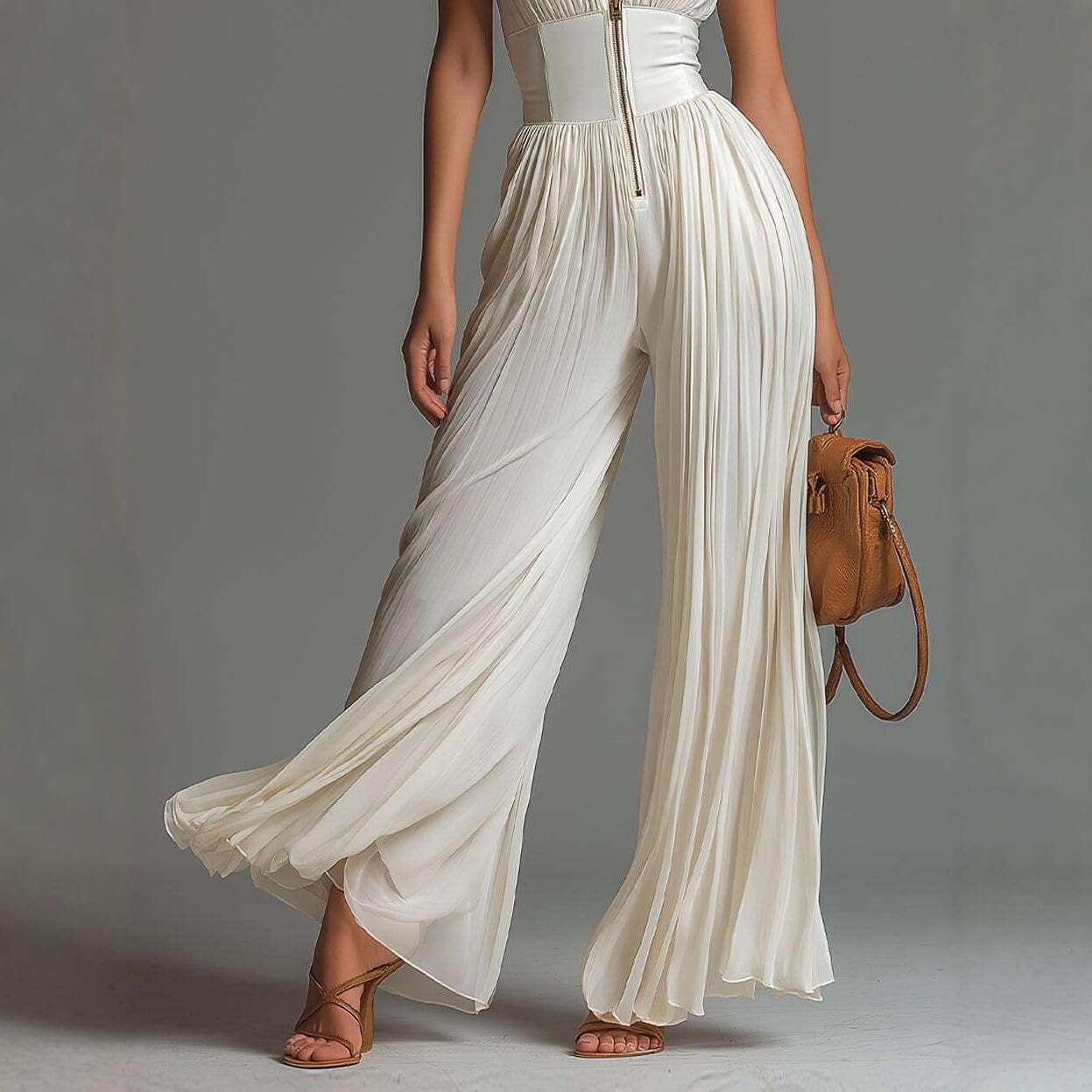 Générique Combinaison Plissée Chiffon Femme Col V ou Col Haut Sans Manches Fermeture Éclair Taille Haute Pantalon Large Été Boho w