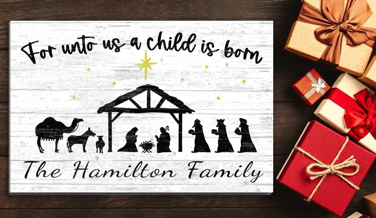 Personalized Nativity Scene Christmas Sign Custom Wooden For Unto Us A Child Is Born Farmhouse Style Decoration 16.5in x 10.5in x .75in
