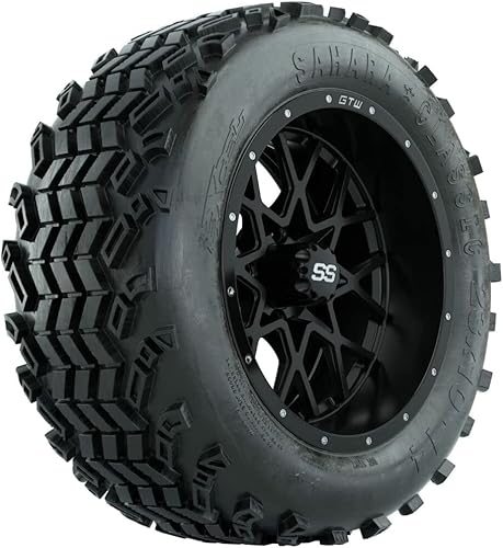 GTW Combo de ruedas y neumáticos para carrito de golf de 14 pulgadas GTW Vortex negro materuedas mecanizadas en neumáticos Sahara Classic todo