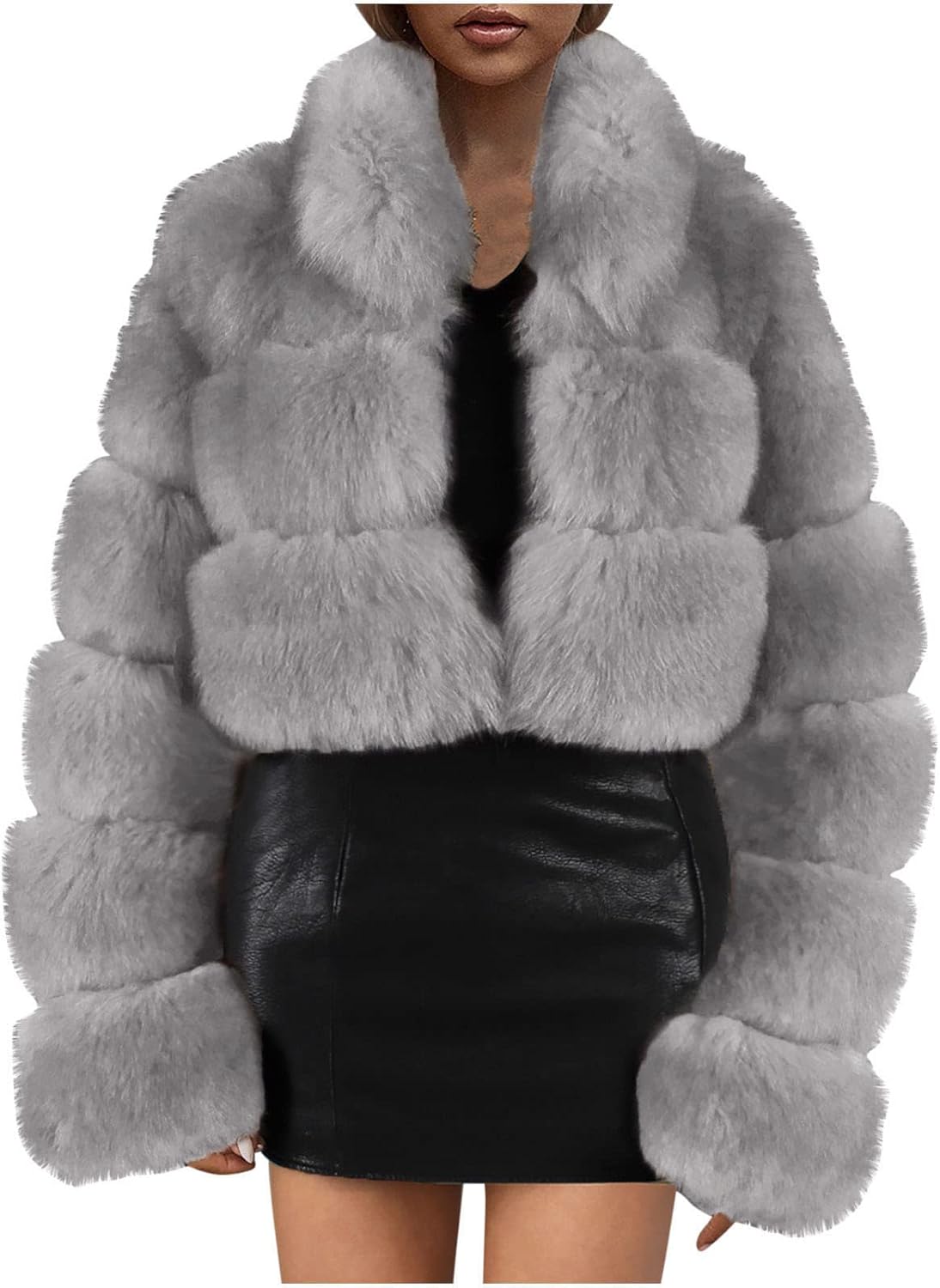 Gray Cropped Faux Fur Coat