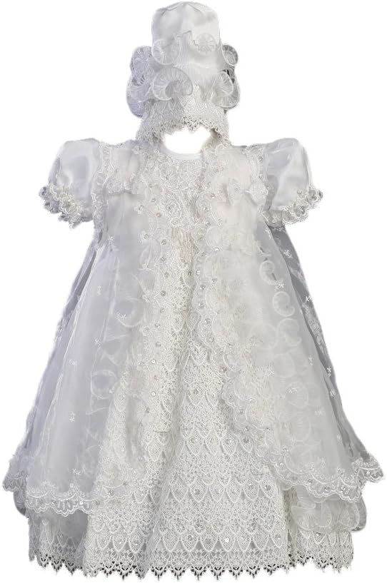Ruffled White Christening Baptism Organza Dress with Organza Cape and Bonnet