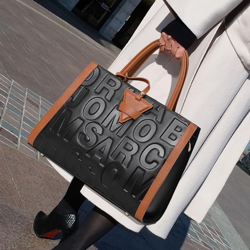 Leather leather handbag large capacity letter detachable shoulder strap color-blocked triangle women's single tote bag