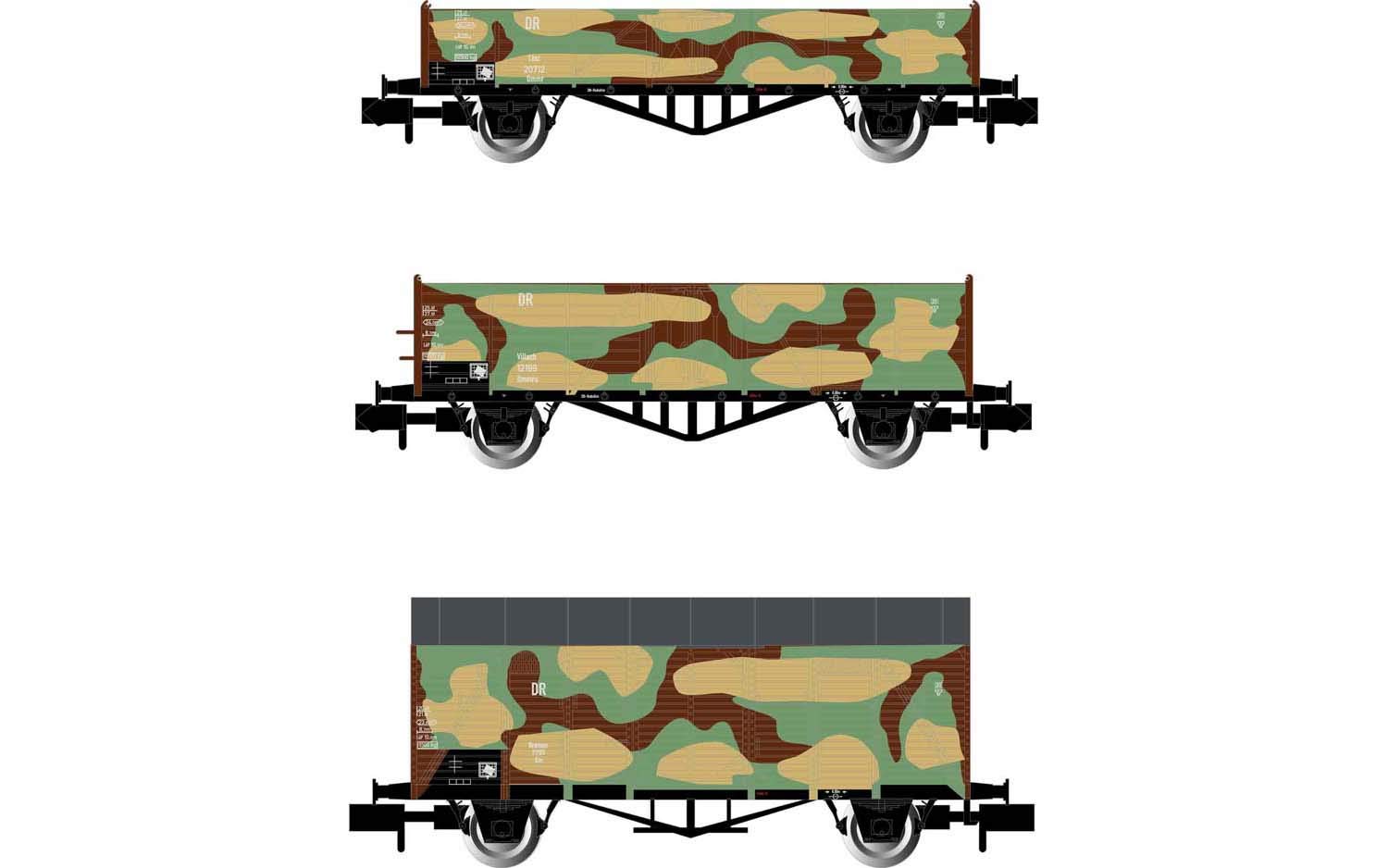 DRB, 3-unit pack military train contains one closed and two open wagons, camouflage livery, period Iic