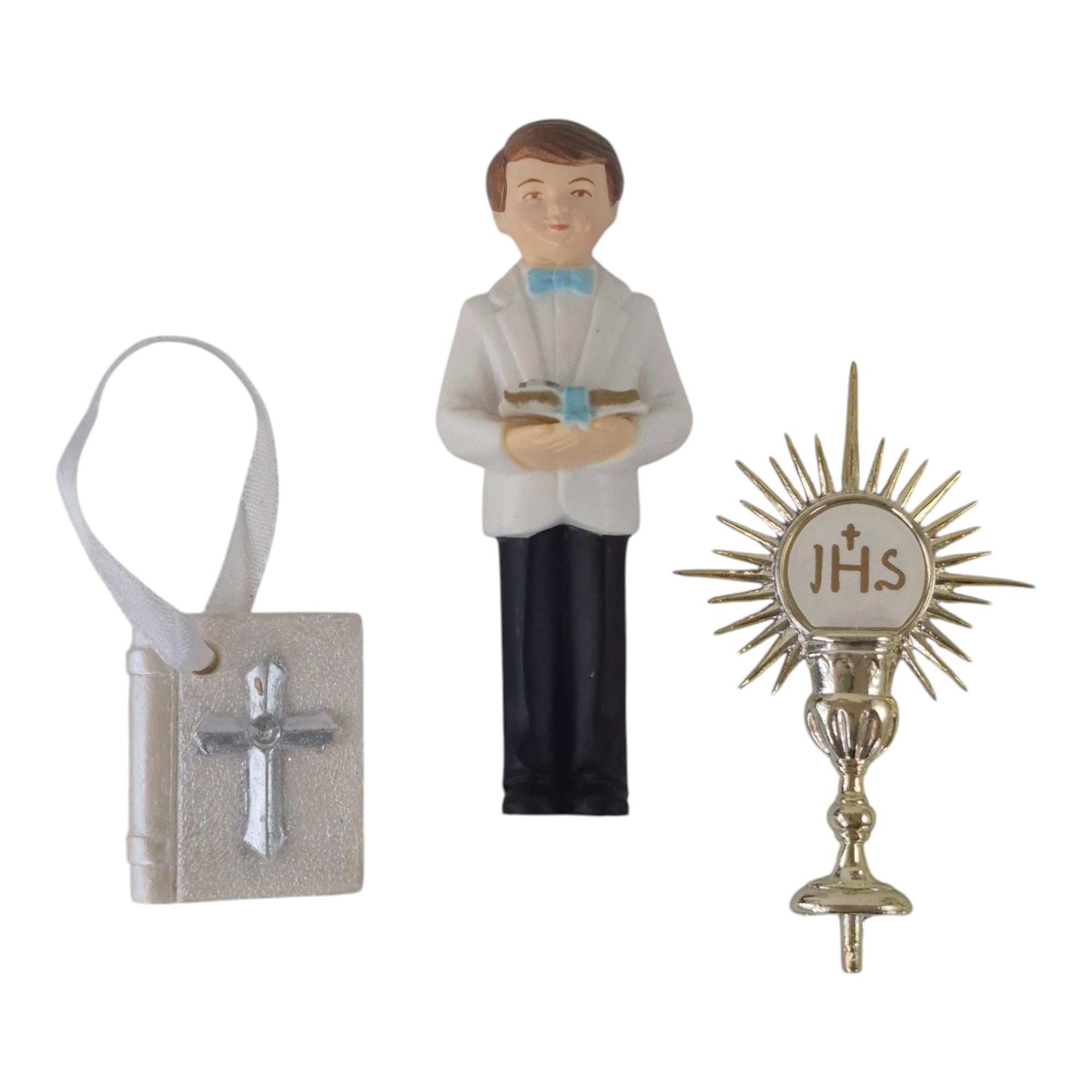 First Holy Communion Cake Topper Set – Boy Figurine, Bible, Chalice/Monstance & Silver Ribbon (1m) – Religious Cake Decoration — view 2