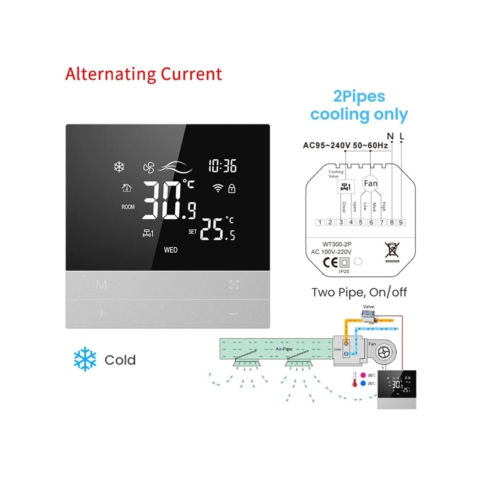 Controllore Aria Condizionata Centralizzato Wi-Fi Smart Termostato Aria Condizionata Centralizzata Riscaldamento Raffreddamento Unità Fan Coil A 3 Velocità(2 Pipe Wifi)