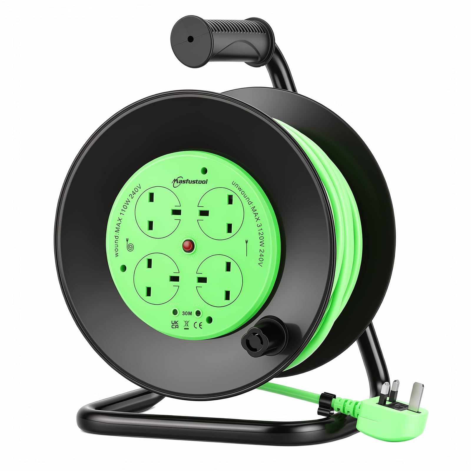Masfustool 30M 4 Socket Extension Lead, Outdoor Cable Reel, 13A UK Plug
