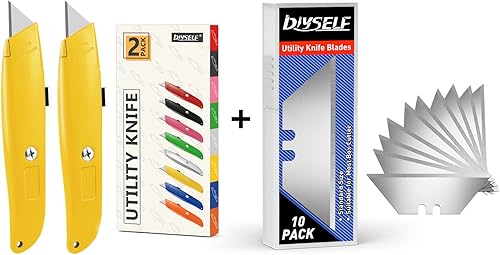 DIYSELF Paquete de 2 cortadores retráctiles con 10 hojas de cuchillo utilitario, cuchillas afiladas de acero SK5, cortadores de caja para cartón,
