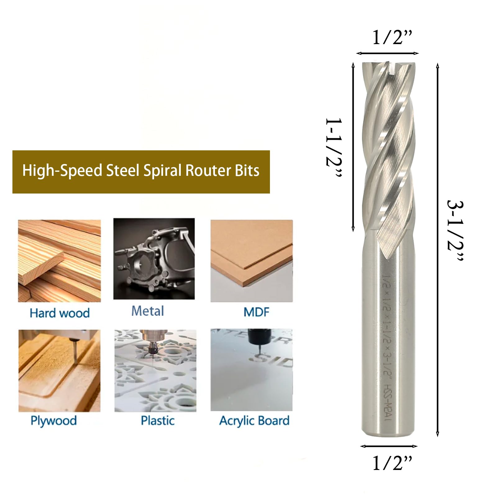 Sinoprotools Up-Cut Spiral Router Bit 1/2-Inch Shank, 4-Flute M2 High-Speed Steel HSS CNC Spiral Router Bits, 1/2" Cut Dia - Image 2