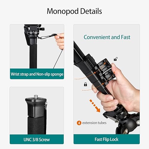 Miniatura 6 de Monopod extensible de aluminio para cámara con cabezal fluido y base de trípode plegable para cámara DSLR. Altura máxima de 58 pulgadas. Carga útil