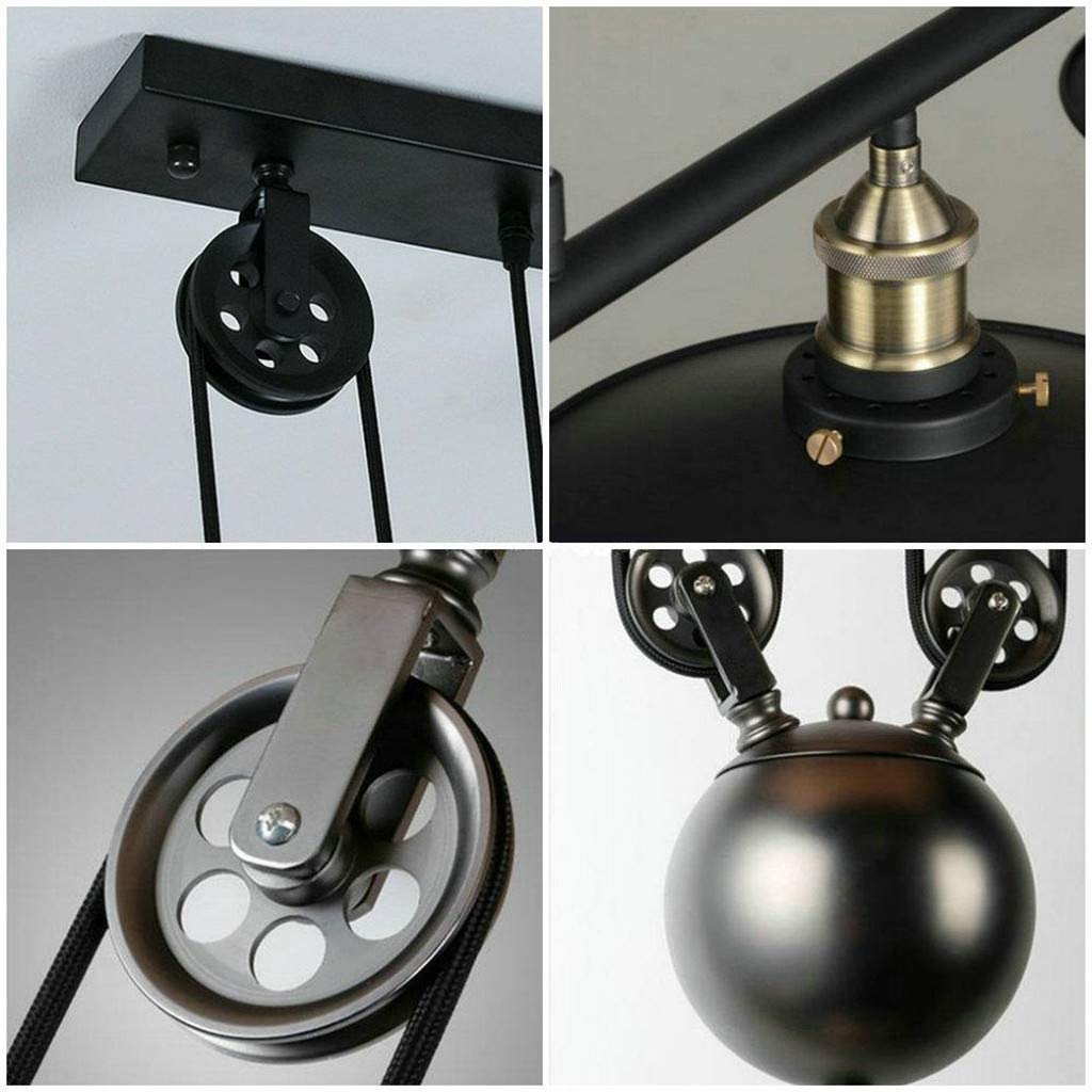 COCOL pendelleuchte vintage 3 flammig Industrie stil, Metall Pulley-Anhänger Loft-Deckenleuchte Pendelleuchte Retro Kronleuchter für Esszimmer/Wohnzimmer/Küche/Café(Schwarz)
