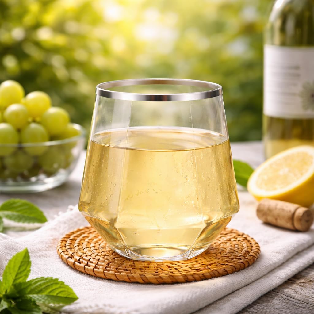 Oojami 40 count 12 Ounce Cups Diamond Silver Rim Unbreakable Stemless Plastic Wine Champagne Whiskey Glasses Elegant Durable Disposable Indoor Outdoor Ideal for Home, Office, Bars, Wedding, (Silver) - Image 6