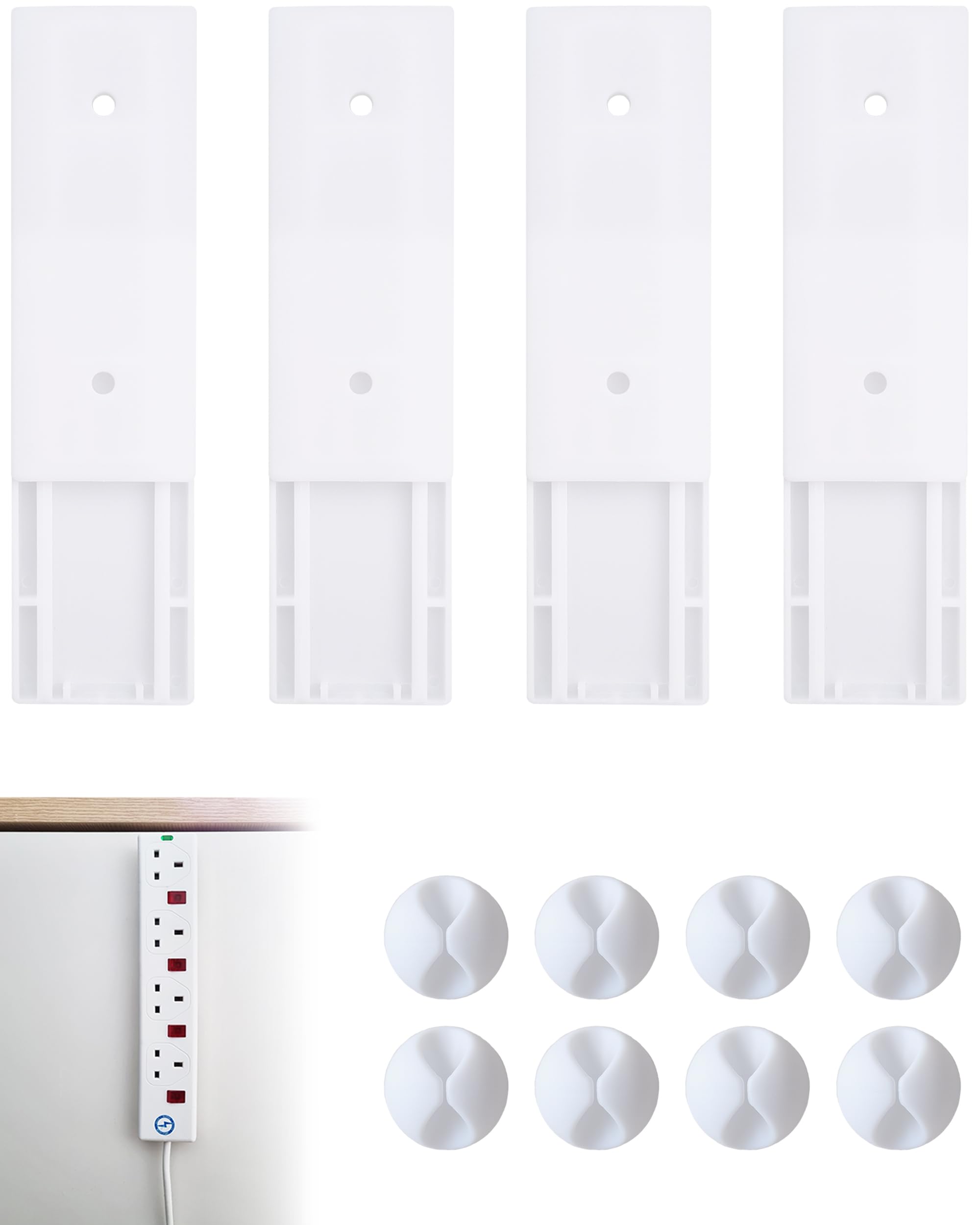 Excelo Self Adhesive Extension Lead Holder Kit (Pack of 4) with 8X Cable Tidy Clips - Easy to Install Power Strip Mount - Extra Strong Bond - Sliding Bracket Design for Wall, Desk