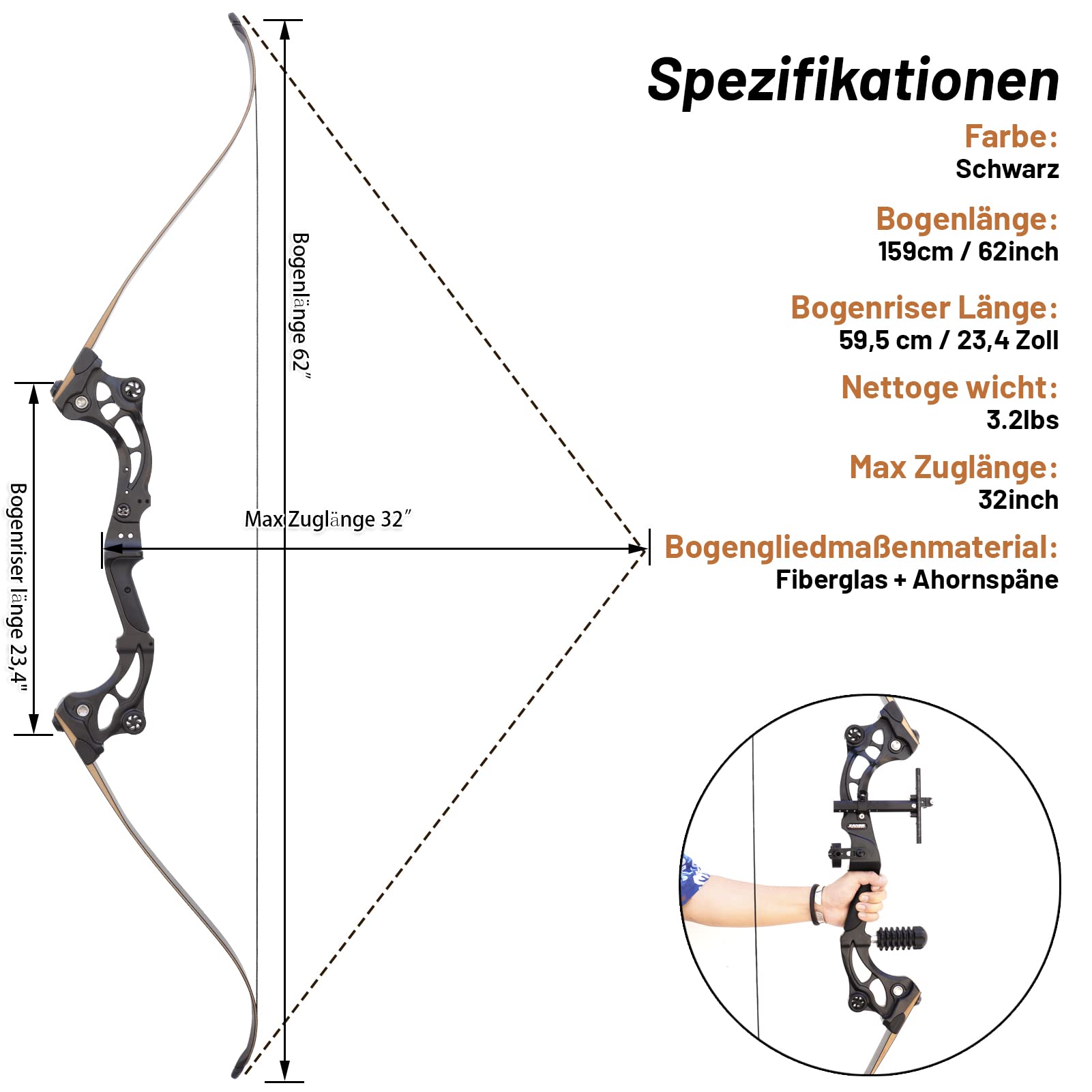 62 Zoll Profi Bogenschießen Recurvebogen 30-50lbs Takedown Recurvebogen Set Rechtshand Sportbogen Für Erwachsene Jugendliche Jagd (45LBS)