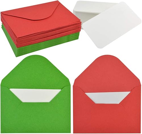 jiebor 100 juegos de mini sobres con tarjetas de visita blancas en blanco, rojo y verde, pequeños sobres de tarjetas para Navidad, Año Nuevo chino,