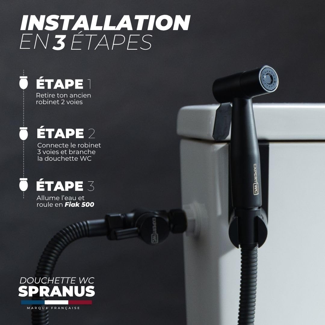 Douchette WC Anti-Fuite Noire - Marque Française - Kit Complet Bidet Hygiénique avec Robinet 3 Voies, Pistolet, Flexible et Support - Jet Réglable Haute Pression - Brevet Déposé