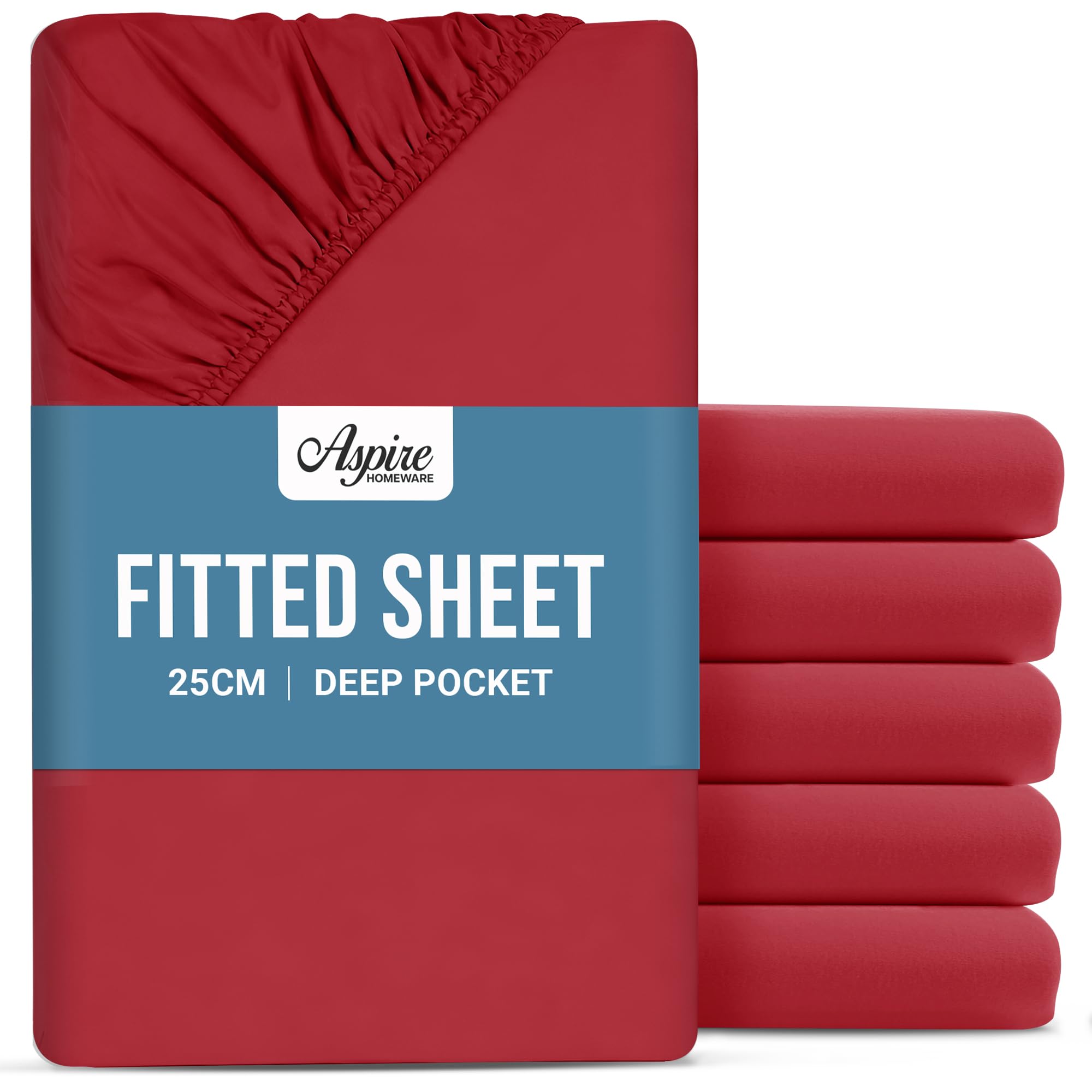 Aspire Homeware Double Fitted Sheet 6 Pack - 25 cm Deep Hotel Quality (Red) Bed Sheets - Soft & Breathable Fitted Bed Sheets Double - Anti-Wrinkle Easy Care Fitted Sheets