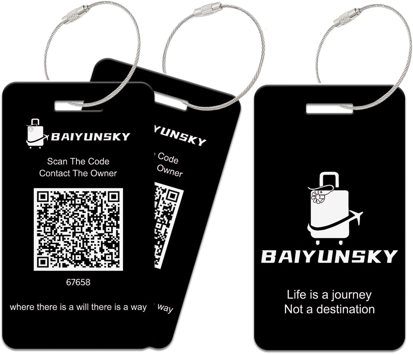 Smart Luggage Tags for Suitcases, 2 Pack QR Code Security Information Luggage Tag, Steel Ring, Waterproof Privacy Protection Luggage Tag, No App No Subscription Needed (Black)